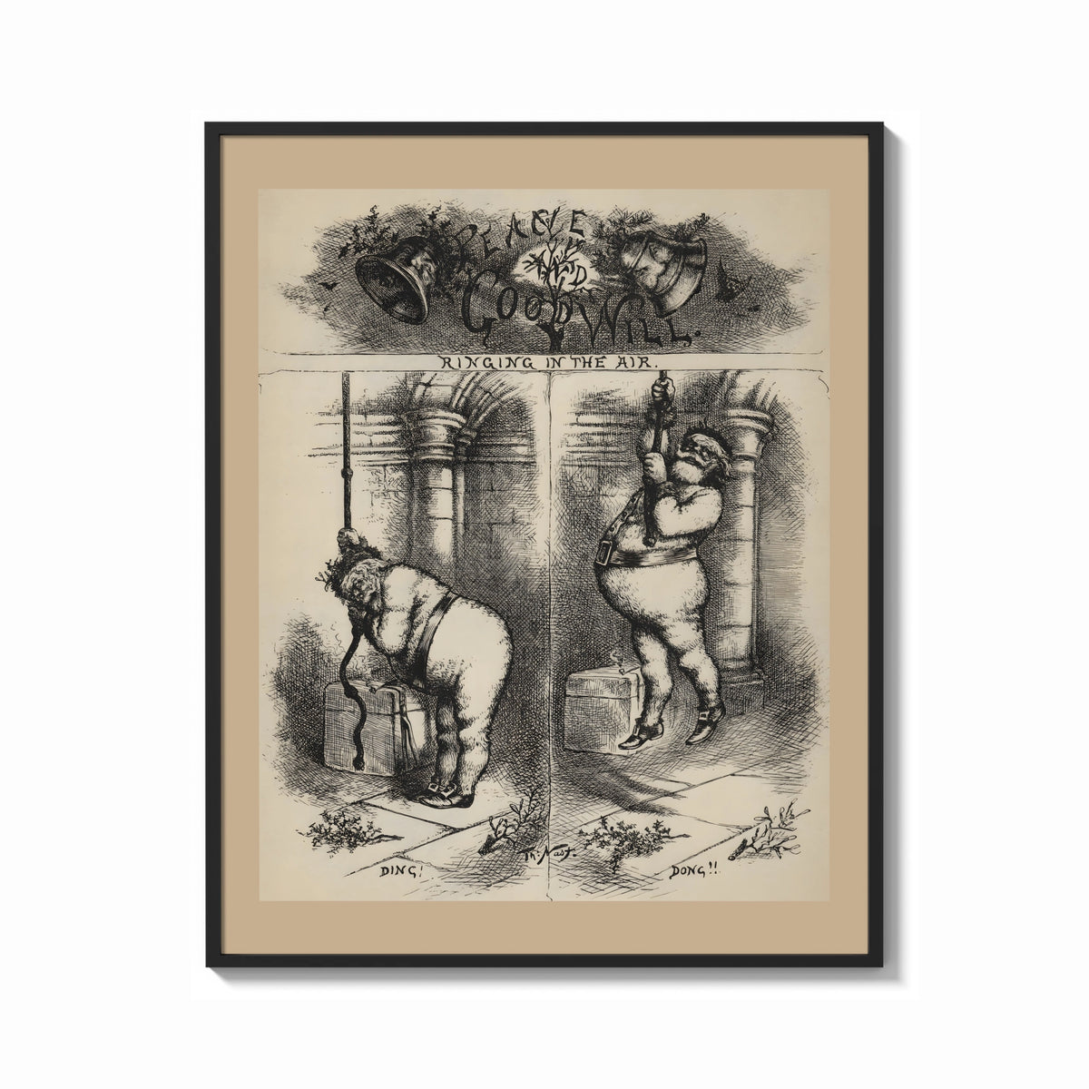 Framed Santa Claus ringing a church bell print shown as a bold statement piece on a clean gallery wall