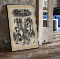 Santa Claus ringing a church bell print in a black frame leaning beside a vintage door on parquet