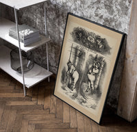 Santa Claus ringing a church bell poster in a black frame leaning beside a shelf in a raw-plaster loft