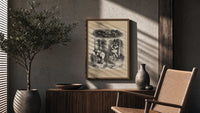 Santa Claus ringing a church bell poster framed above a fluted sideboard beside an olive tree