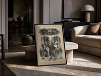 Santa Claus ringing a church bell print in a black frame leaning on a travertine table in a sunlit lounge