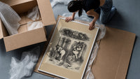 Santa Claus ringing a church bell framed print being unpacked from protective bubble wrap and a box