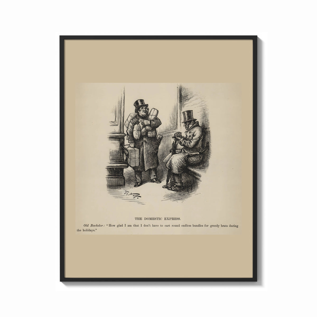 Framed Two top-hatted men with parcels print shown as a bold statement piece on a clean gallery wall