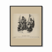 Framed Two top-hatted men with parcels print shown as a bold statement piece on a clean gallery wall