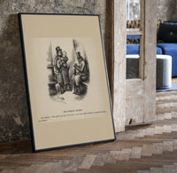 Two top-hatted men with parcels print in a black frame leaning beside a vintage door on parquet