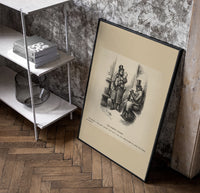 Two top-hatted men with parcels poster in a black frame leaning beside a shelf in a raw-plaster loft