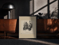 Black-framed Two top-hatted men with parcels print on a moody console with designer coffee-table books