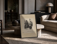 Two top-hatted men with parcels print in a black frame leaning on a travertine table in a sunlit lounge