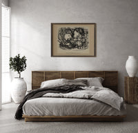 Two sleeping children's heads dreaming of Christmas print in a dark wood frame above a rattan bed on a plaster wall