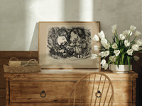 Two sleeping children's heads dreaming of Christmas print in an oak frame on a farmhouse dresser beside white tulips