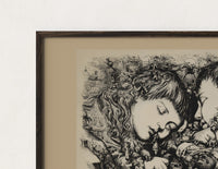 Close-up of the Two sleeping children's heads dreaming of Christmas print's dark wood frame corner and archival matte paper