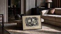Two sleeping children's heads dreaming of Christmas print in a slim black frame leaning on a travertine coffee table