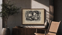 Two sleeping children's heads dreaming of Christmas print in a wood frame above a fluted sideboard beside an olive tree