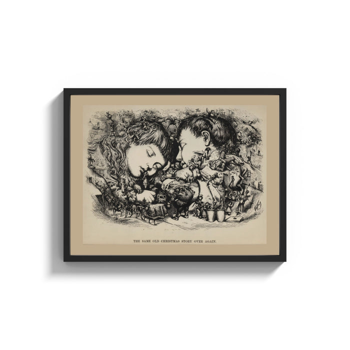 Framed Two sleeping children's heads dreaming of Christmas print shown as a wide statement piece on a clean white wall
