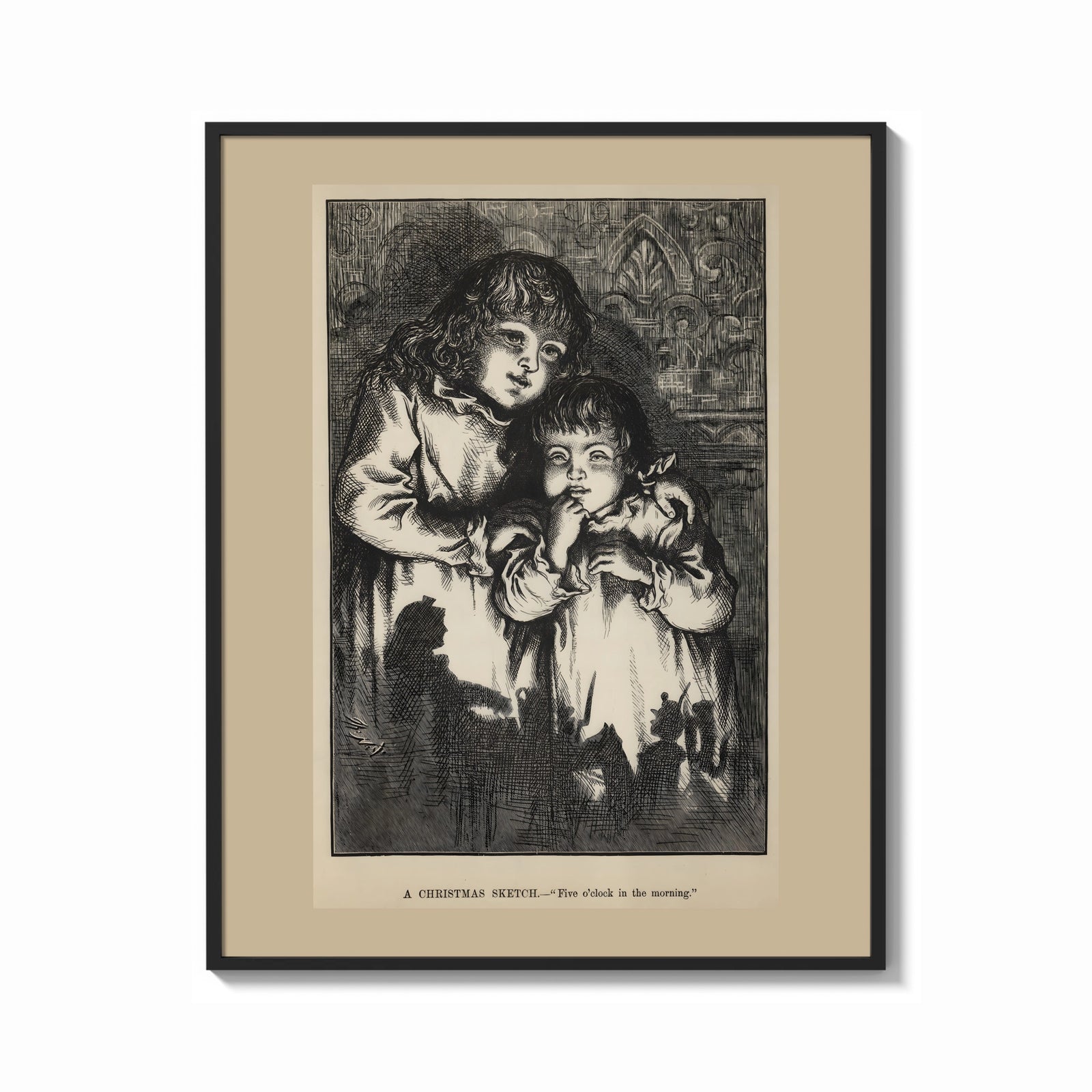 Framed Two young children in nightgowns print shown as a bold statement piece on a clean gallery wall