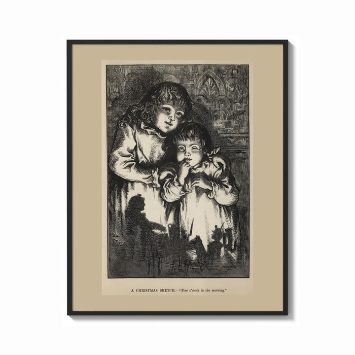 Framed Two young children in nightgowns print shown as a bold statement piece on a clean gallery wall