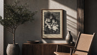 Two young children in nightgowns poster framed above a fluted sideboard beside an olive tree