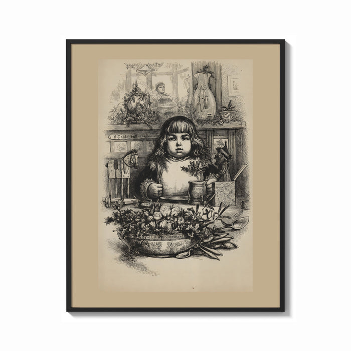 Framed Young child seated at Christmas table print shown as a bold statement piece on a clean gallery wall