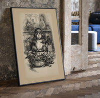 Young child seated at Christmas table print in a black frame leaning beside a vintage door on parquet