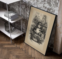 Young child seated at Christmas table poster in a black frame leaning beside a shelf in a raw-plaster loft