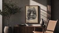 Young child seated at Christmas table poster framed above a fluted sideboard beside an olive tree
