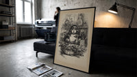 Young child seated at Christmas table print in a slim black frame leaning on a dark sofa in a concrete print studio