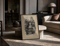 Young child seated at Christmas table print in a black frame leaning on a travertine table in a sunlit lounge