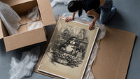 Young child seated at Christmas table framed print being unpacked from protective bubble wrap and a box