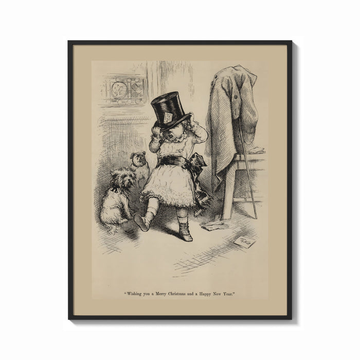 Framed Small child trying on oversized top hat print shown as a bold statement piece on a clean gallery wall