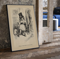 Small child trying on oversized top hat print in a black frame leaning beside a vintage door on parquet