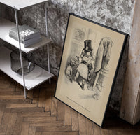 Small child trying on oversized top hat poster in a black frame leaning beside a shelf in a raw-plaster loft