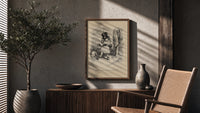 Small child trying on oversized top hat poster framed above a fluted sideboard beside an olive tree