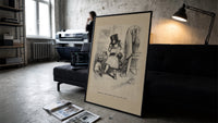 Small child trying on oversized top hat print in a slim black frame leaning on a dark sofa in a concrete print studio