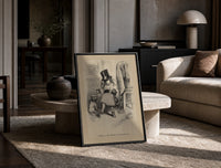 Small child trying on oversized top hat print in a black frame leaning on a travertine table in a sunlit lounge