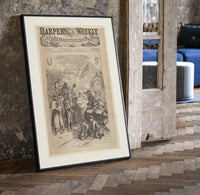 Santa Claus visiting Union army camp print in a black frame leaning beside a vintage door on parquet