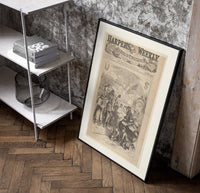 Santa Claus visiting Union army camp poster in a black frame leaning beside a shelf in a raw-plaster loft