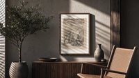 Santa Claus visiting Union army camp poster framed above a fluted sideboard beside an olive tree