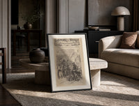Santa Claus visiting Union army camp print in a black frame leaning on a travertine table in a sunlit lounge