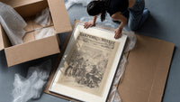 Santa Claus visiting Union army camp framed print being unpacked from protective bubble wrap and a box