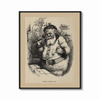 Framed Santa Claus with pipe and telescope print shown as a bold statement piece on a clean gallery wall