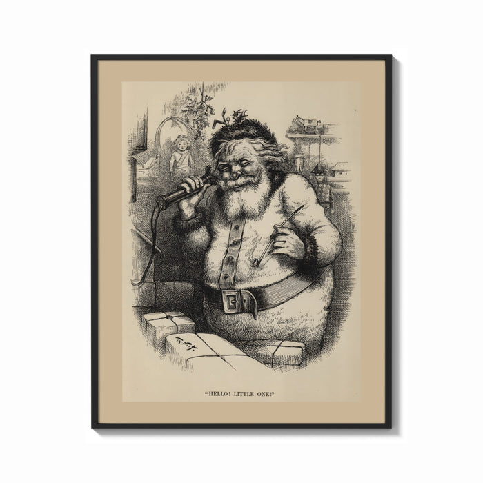 Framed Santa Claus with pipe and telescope print shown as a bold statement piece on a clean gallery wall