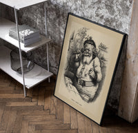 Santa Claus with pipe and telescope poster in a black frame leaning beside a shelf in a raw-plaster loft