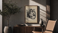 Santa Claus with pipe and telescope poster framed above a fluted sideboard beside an olive tree