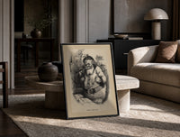 Santa Claus with pipe and telescope print in a black frame leaning on a travertine table in a sunlit lounge