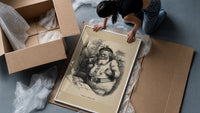 Santa Claus with pipe and telescope framed print being unpacked from protective bubble wrap and a box
