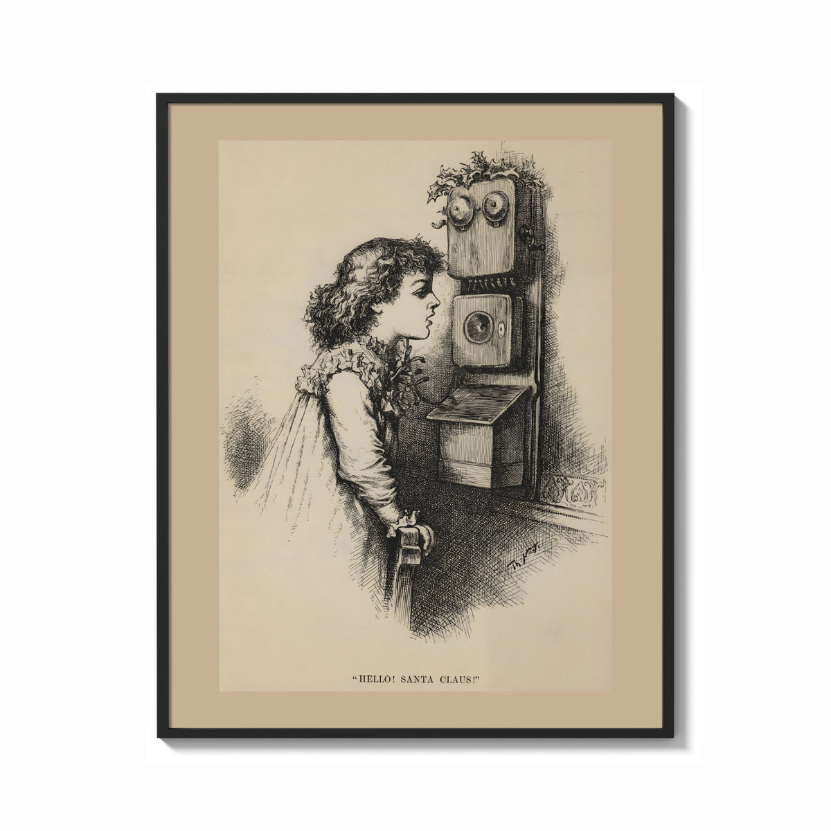 Framed Girl speaking into wall telephone print shown as a bold statement piece on a clean gallery wall