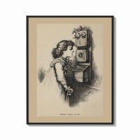 Framed Girl speaking into wall telephone print shown as a bold statement piece on a clean gallery wall
