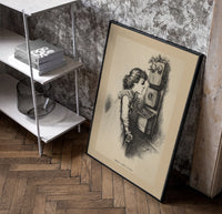 Girl speaking into wall telephone poster in a black frame leaning beside a shelf in a raw-plaster loft