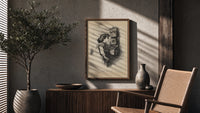 Girl speaking into wall telephone poster framed above a fluted sideboard beside an olive tree