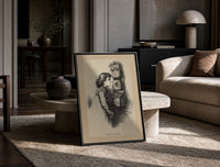 Girl speaking into wall telephone print in a black frame leaning on a travertine table in a sunlit lounge